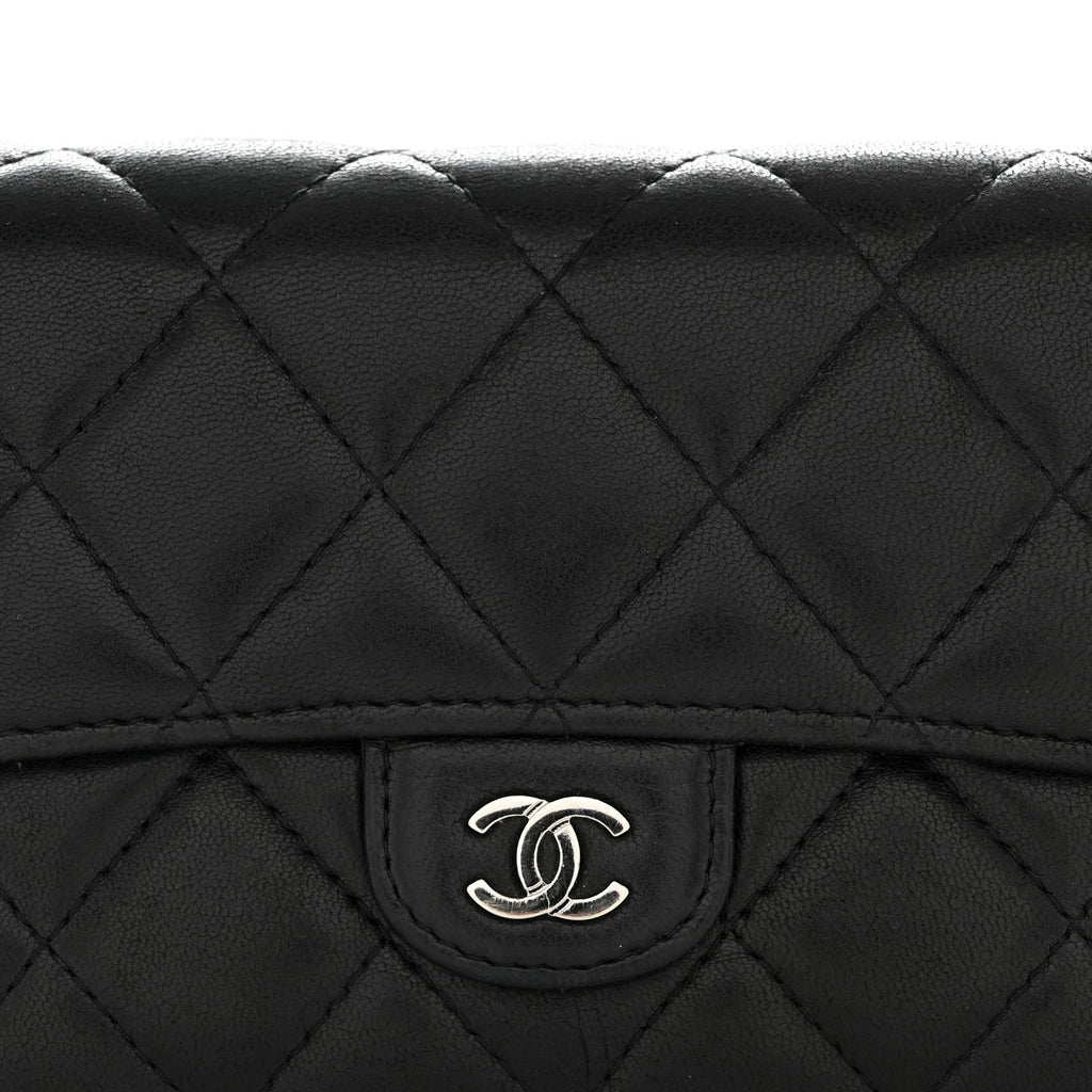 Lambskin Quilted Large Gusset Flap Wallet Black