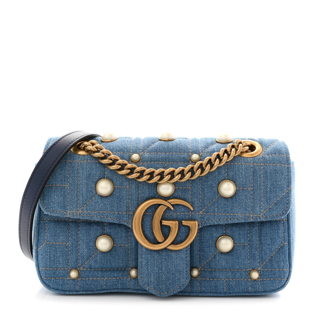 Gucci Denim Matelasse Pearl Studded Mini GG Marmont Shoulder Bag Blue