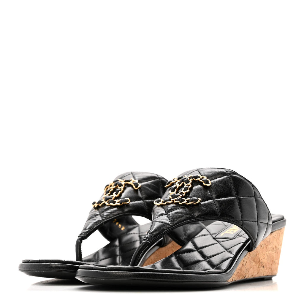 Chanel Shiny Goatskin Cork CC Wedge Sandals 37.5 Black