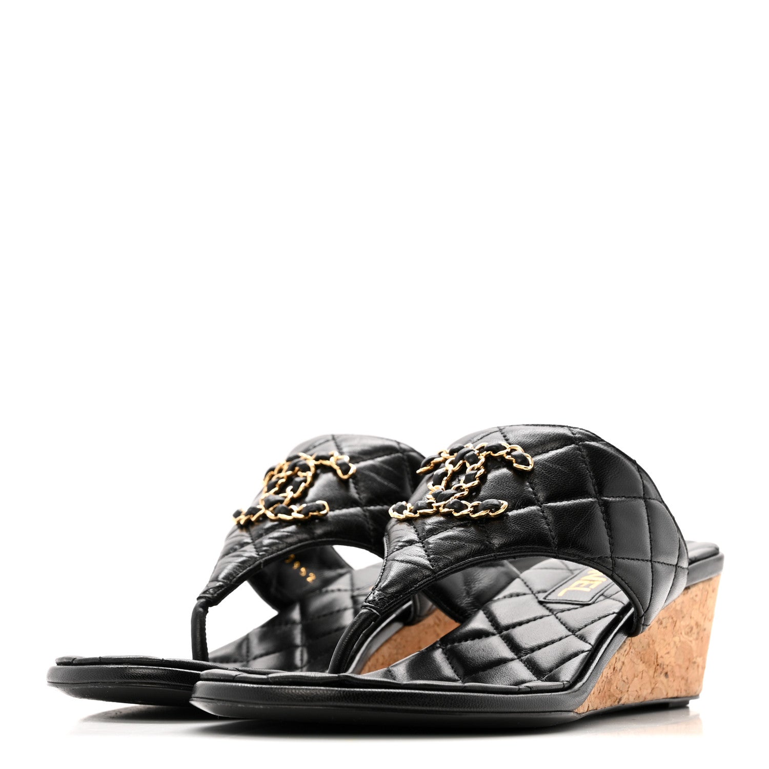 Chanel Shiny Goatskin Cork CC Wedge Sandals 37.5 Black