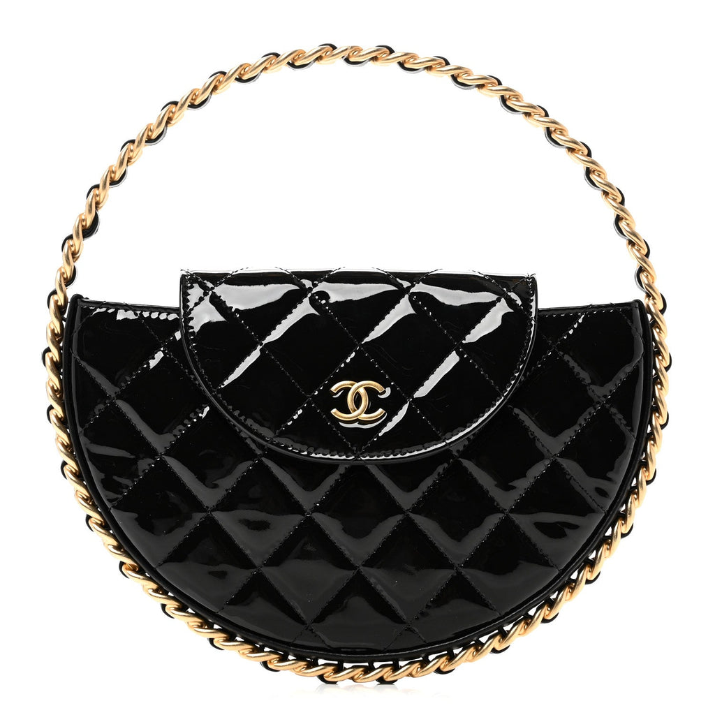 Chanel Patent Calfskin Quilted Chain Hoop Bag Black