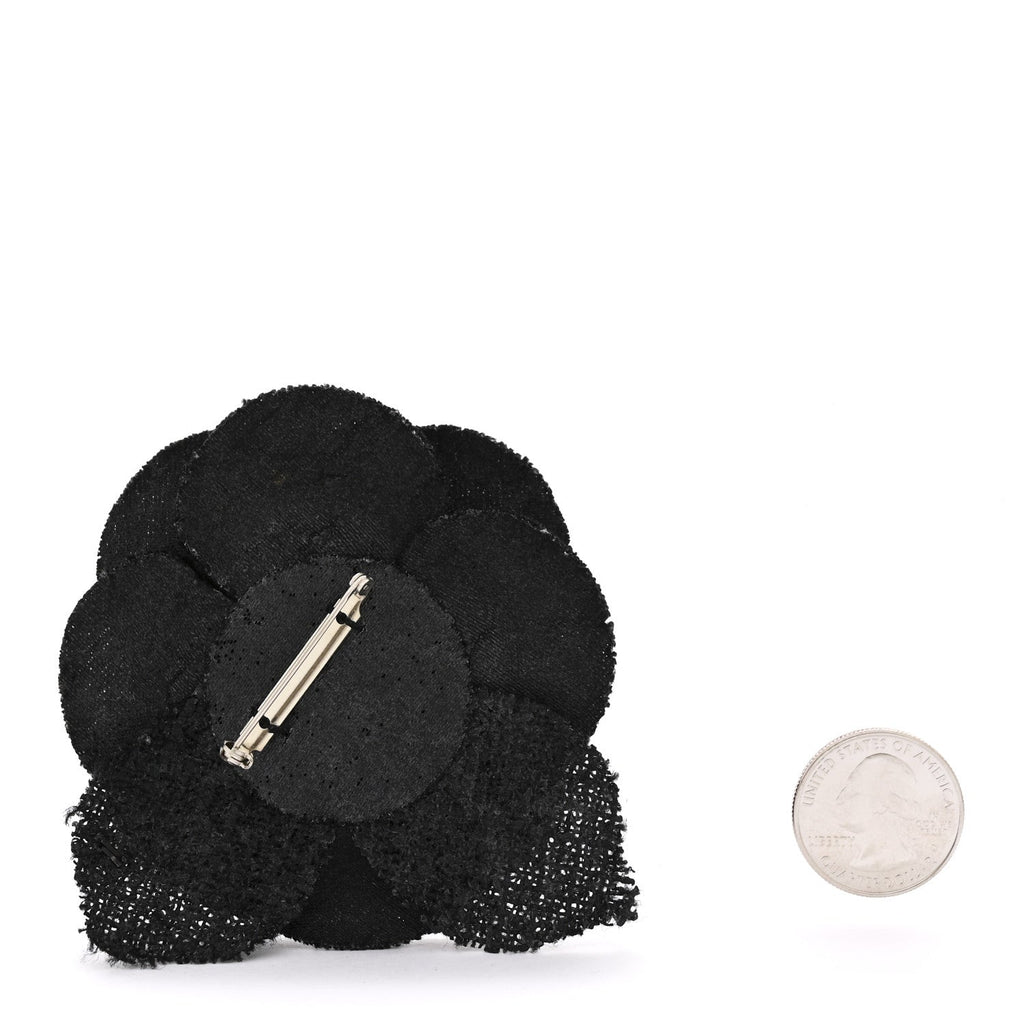 Chanel Tweed Camellia Pin Brooch Black
