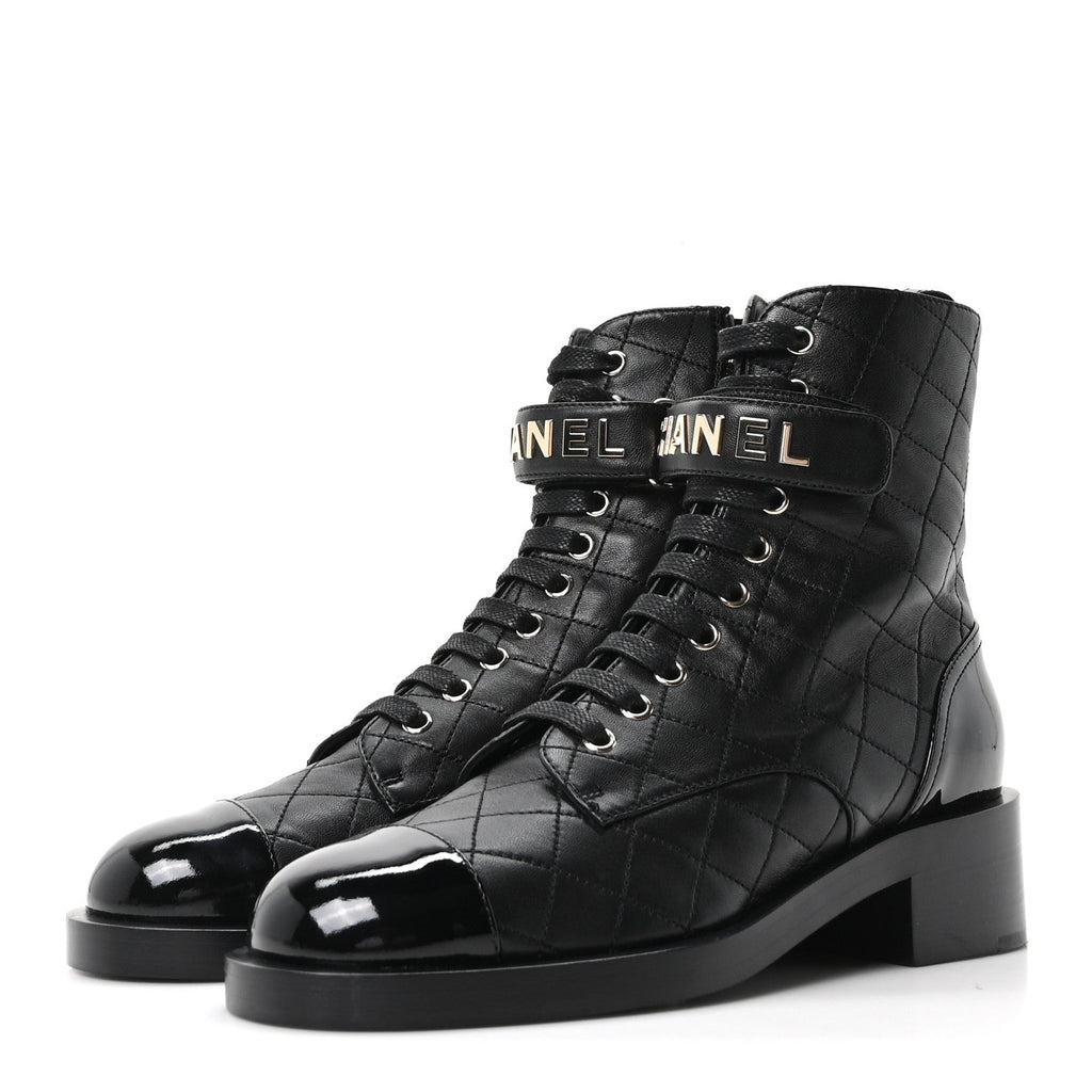 Lambskin Patent Calfskin Quilted Logo Lace Up Combat Boots 39.5 Black
