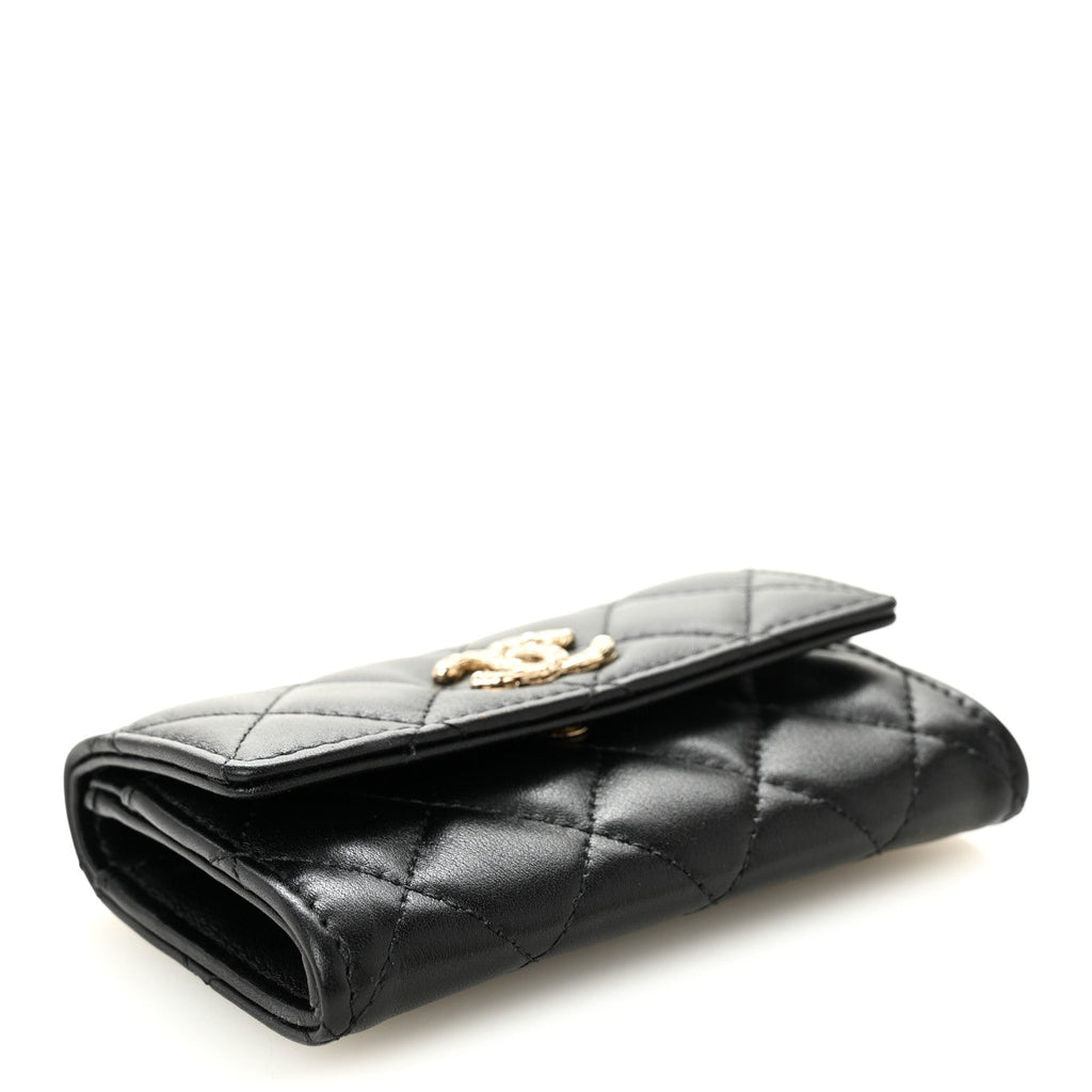 Chanel Shiny Lambskin Quilted Textured CC Card Holder Black