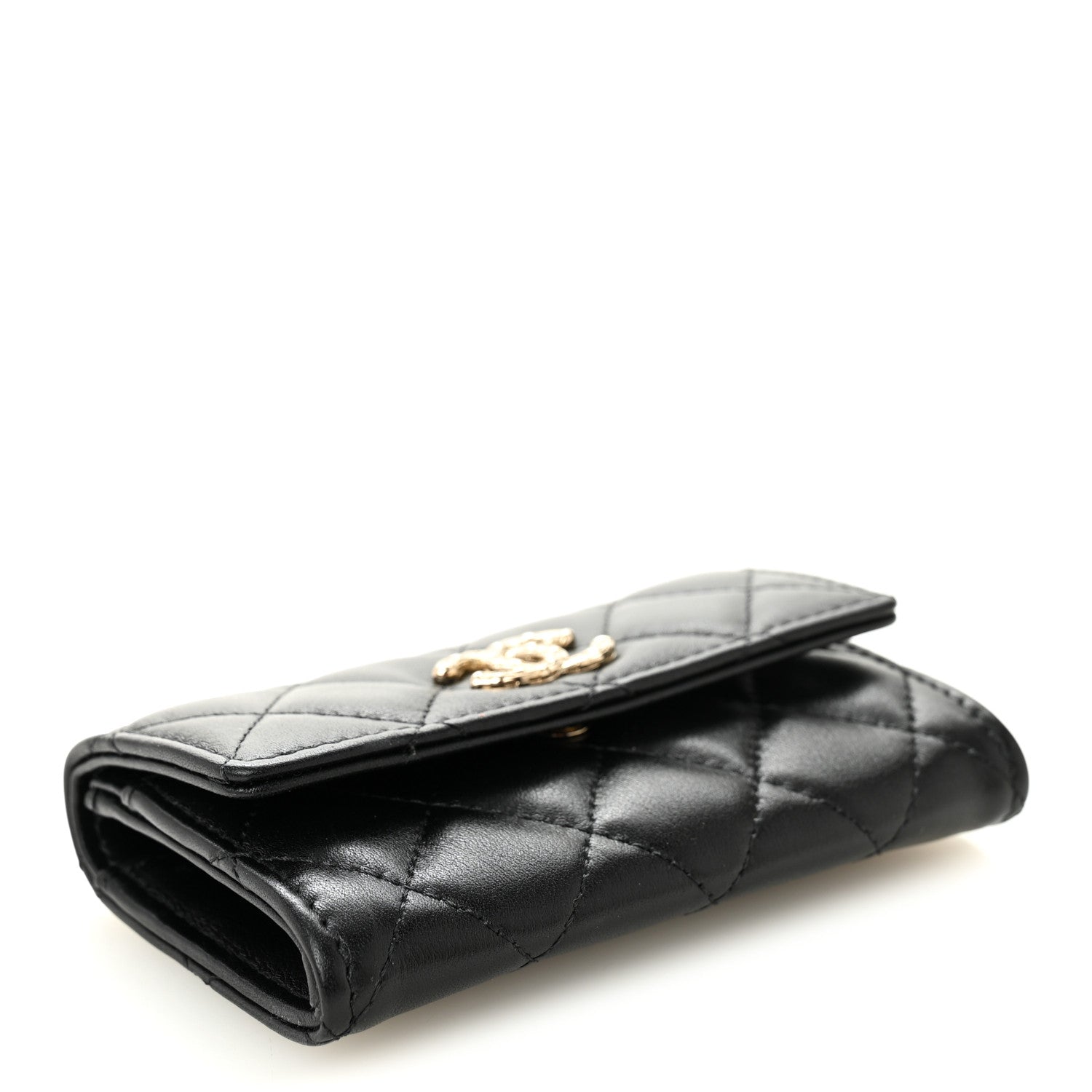 Chanel Shiny Lambskin Quilted Textured CC Card Holder Black