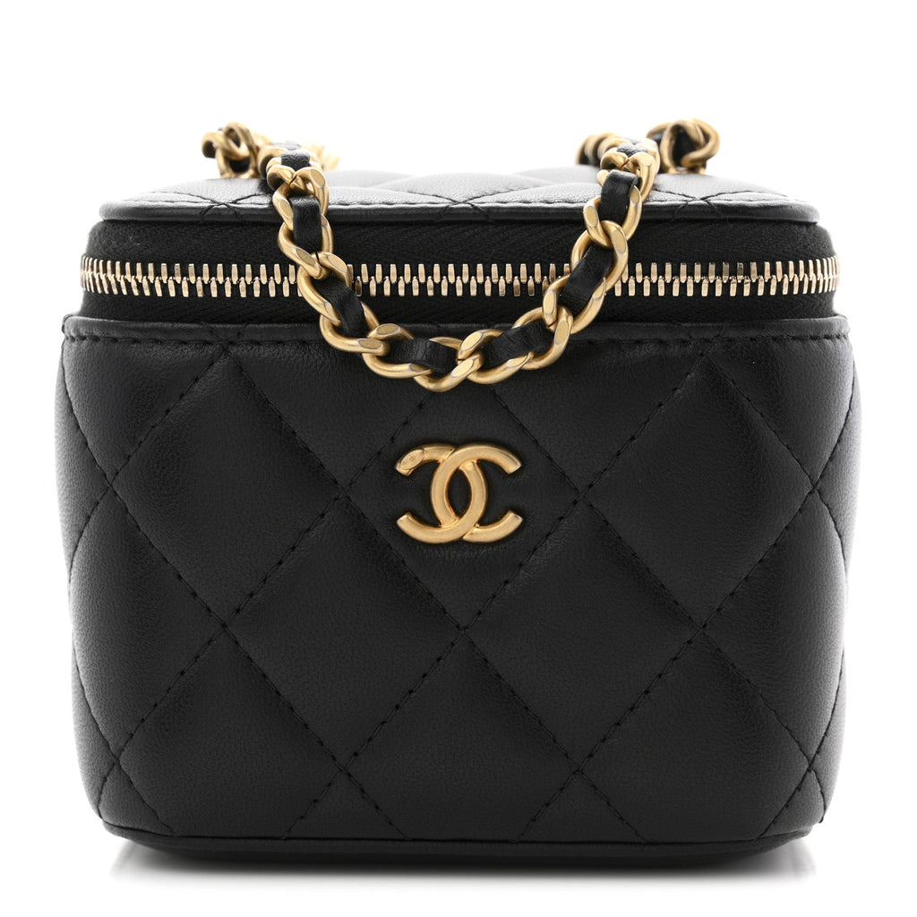 Chanel Lambskin Quilted Mini Pearl Crush Vanity Case With Chain Black