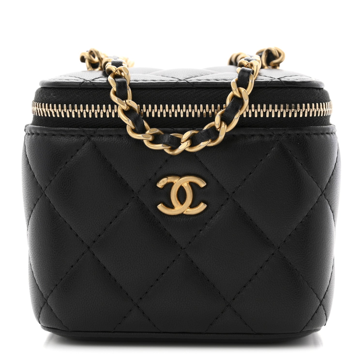 Chanel Lambskin Quilted Mini Pearl Crush Vanity Case With Chain Black