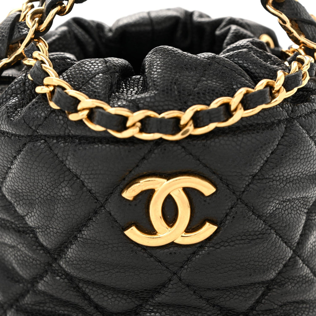 Chanel Caviar Quilted Coco First Bucket Clutch With Chain Black