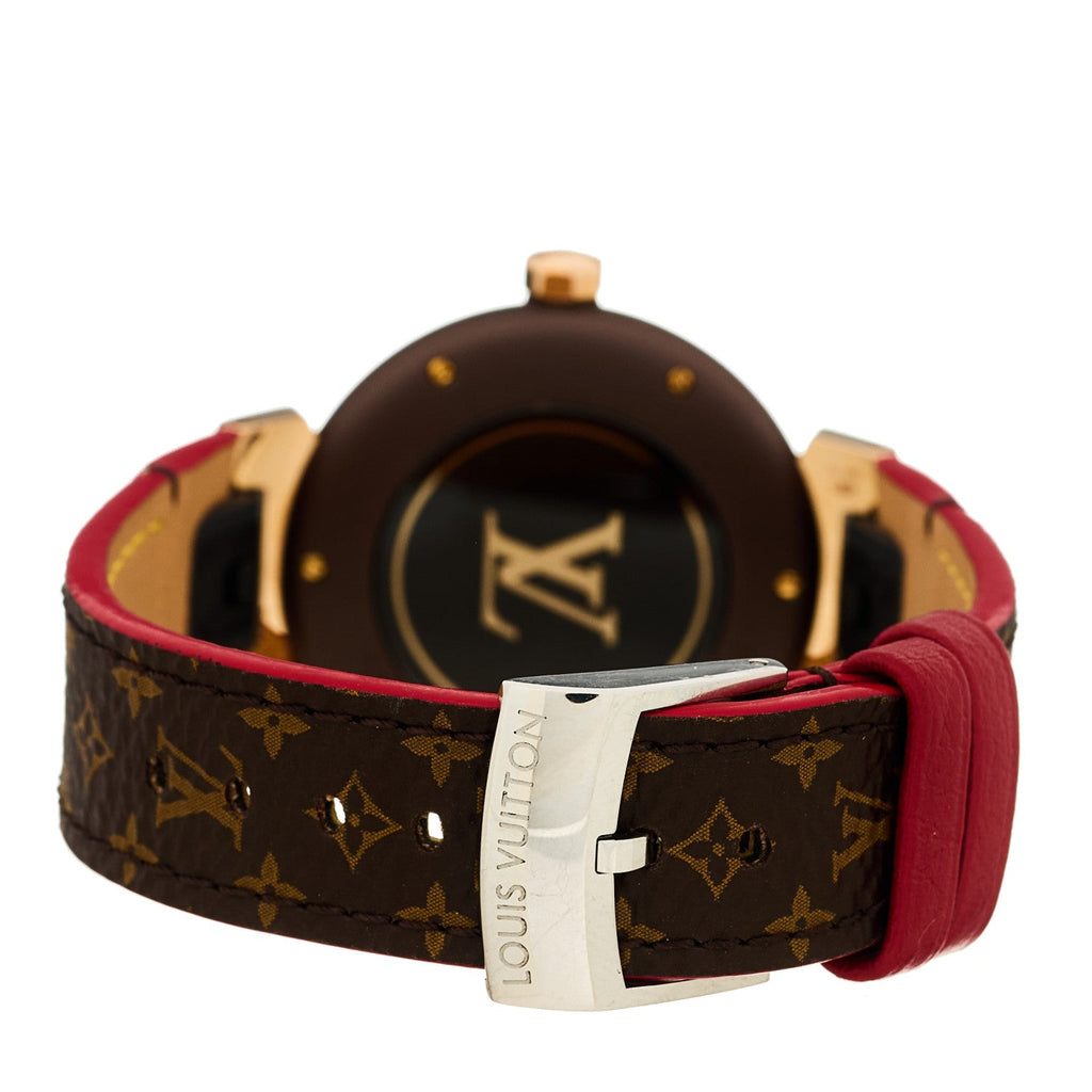 Louis Vuitton Stainless Steel 18K Rose Gold Monogram 34mm Tambour Quartz Watch Brown