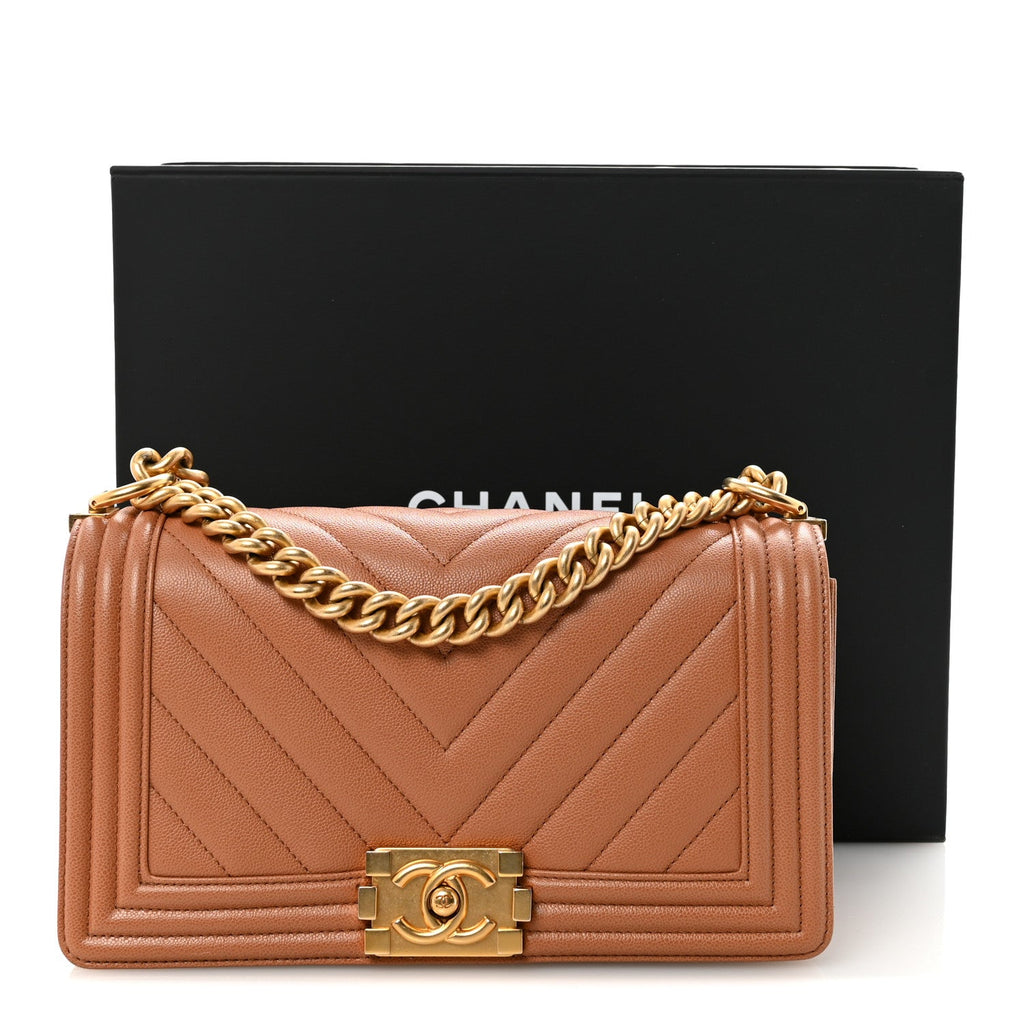 Chanel Caviar Chevron Quilted Medium Boy Flap Brown