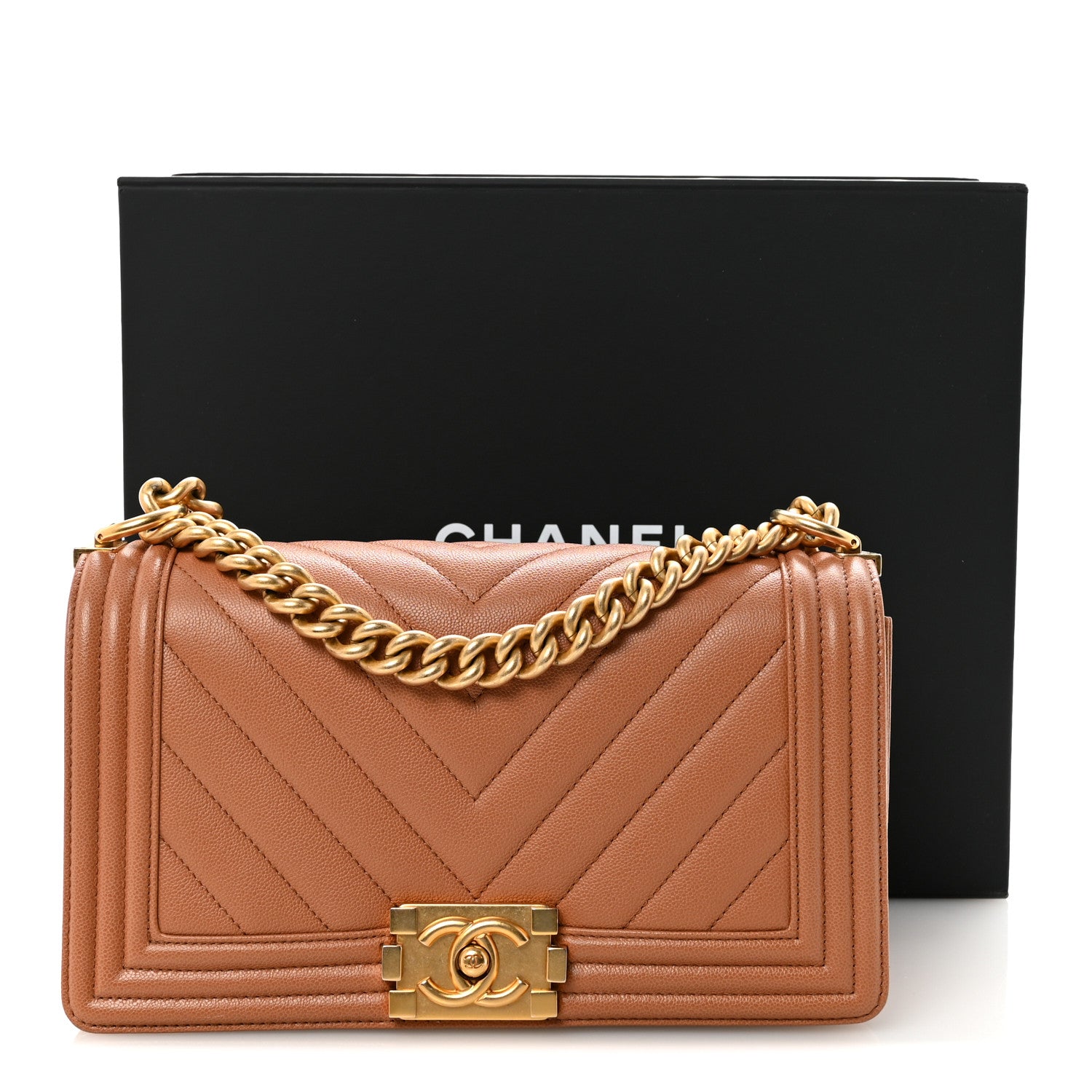 Chanel Caviar Chevron Quilted Medium Boy Flap Brown