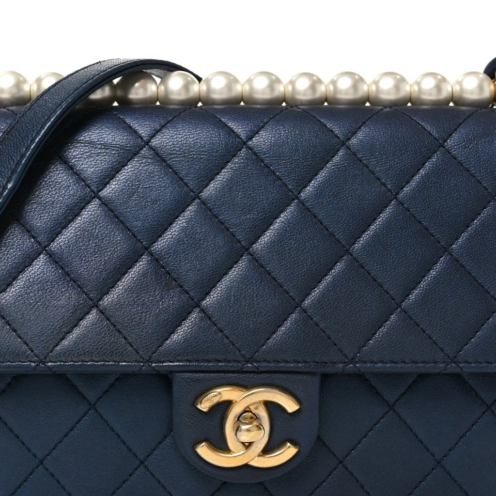 Chanel Iridescent Lambskin Quilted Small Chic Pearls Flap Blue