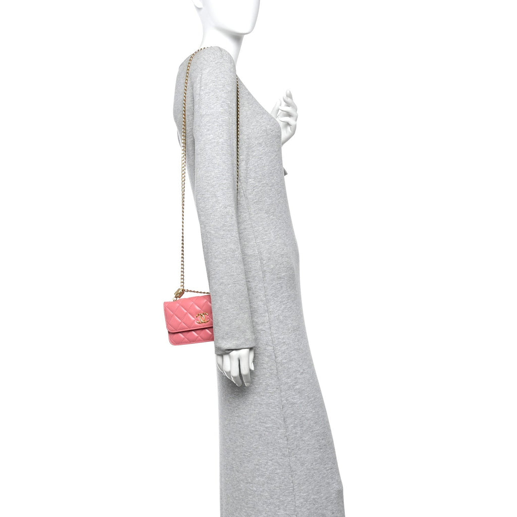 Chanel Lambskin Quilted Pillow Crush Flap Phone Holder With Chain Pink