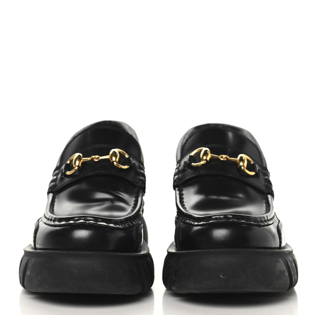 Gucci Magnum Calfskin Nappa Samoa Womens Horsebit Platform Chunky Lug Sole 40mm Loafers 38.5  Black