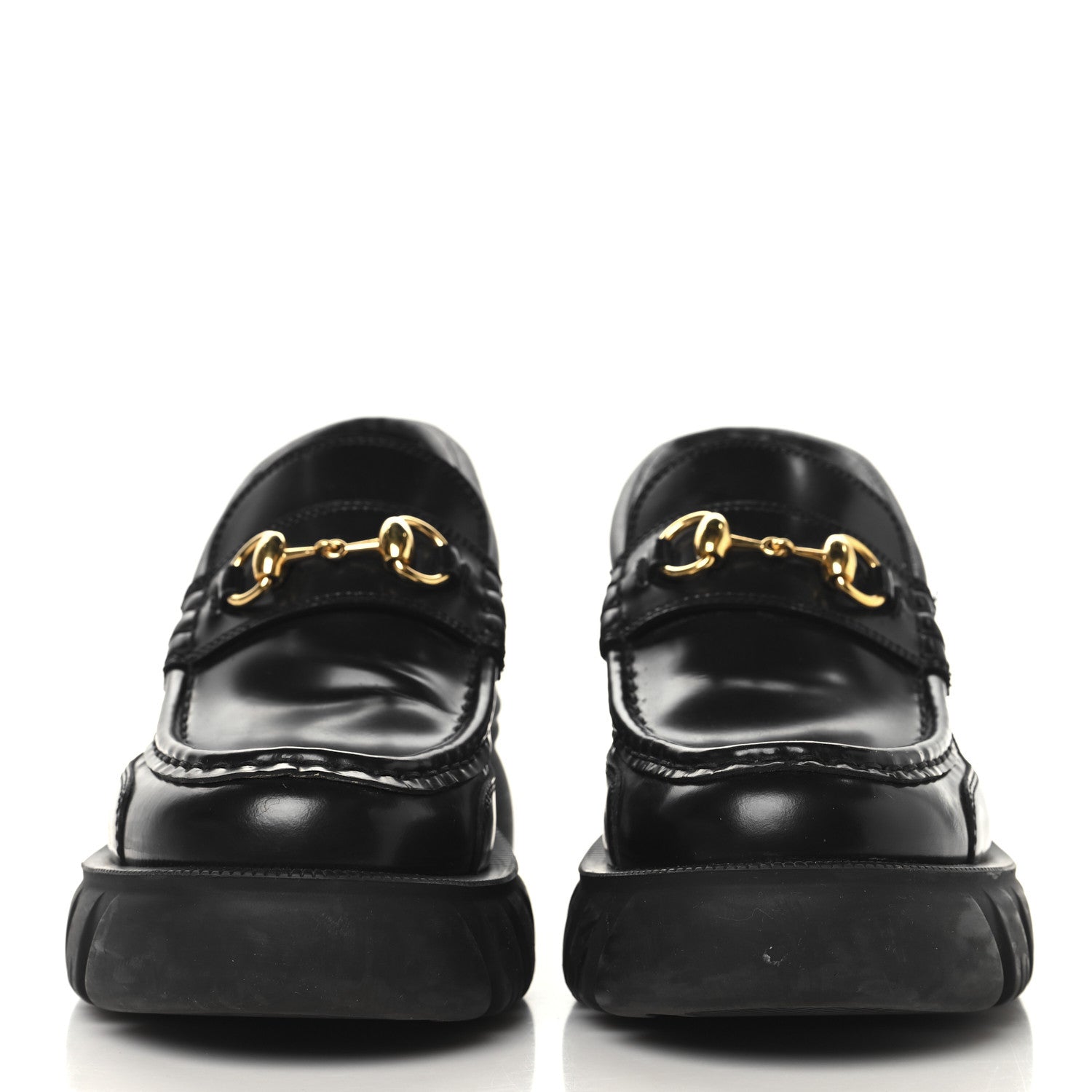 Gucci Magnum Calfskin Nappa Samoa Womens Horsebit Platform Chunky Lug Sole 40mm Loafers 38.5  Black