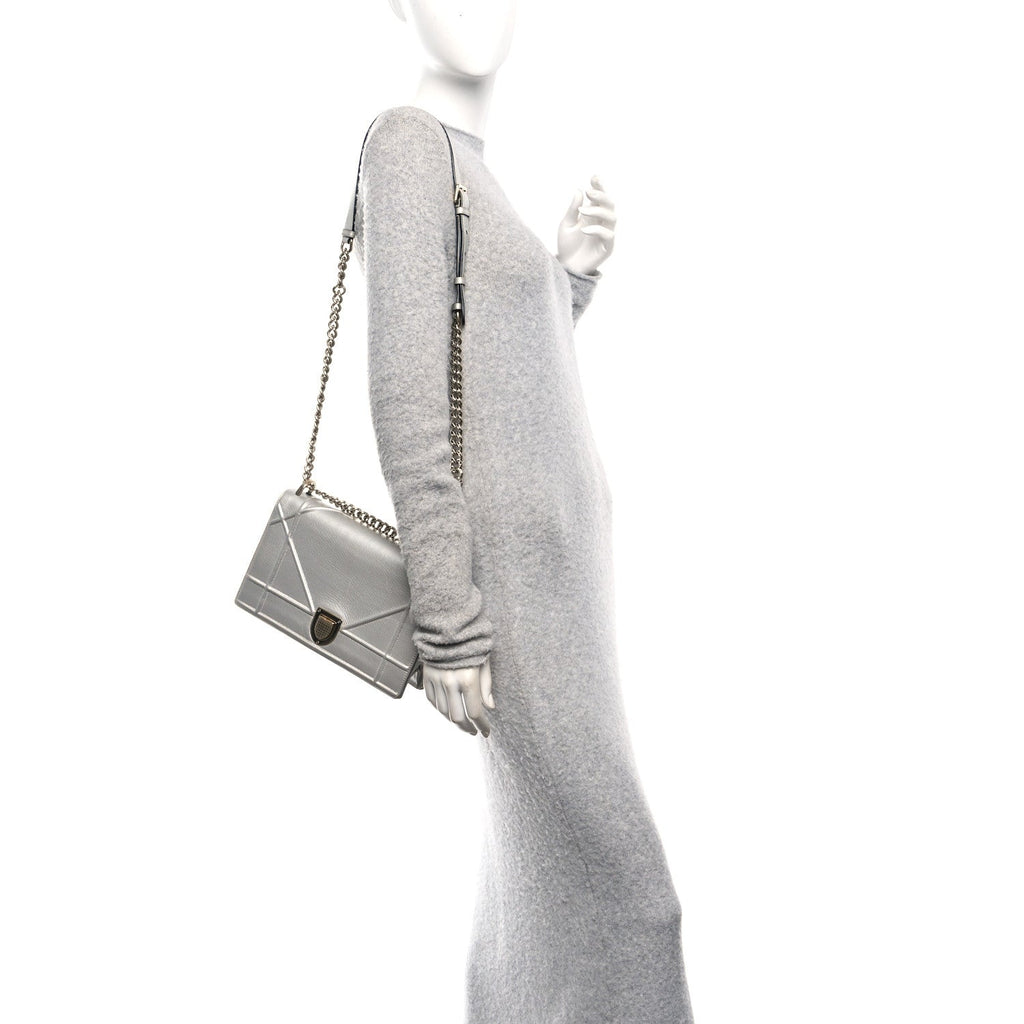 Christian Dior Metallic Grained Calfskin Medium Diorama Flap Bag Silver