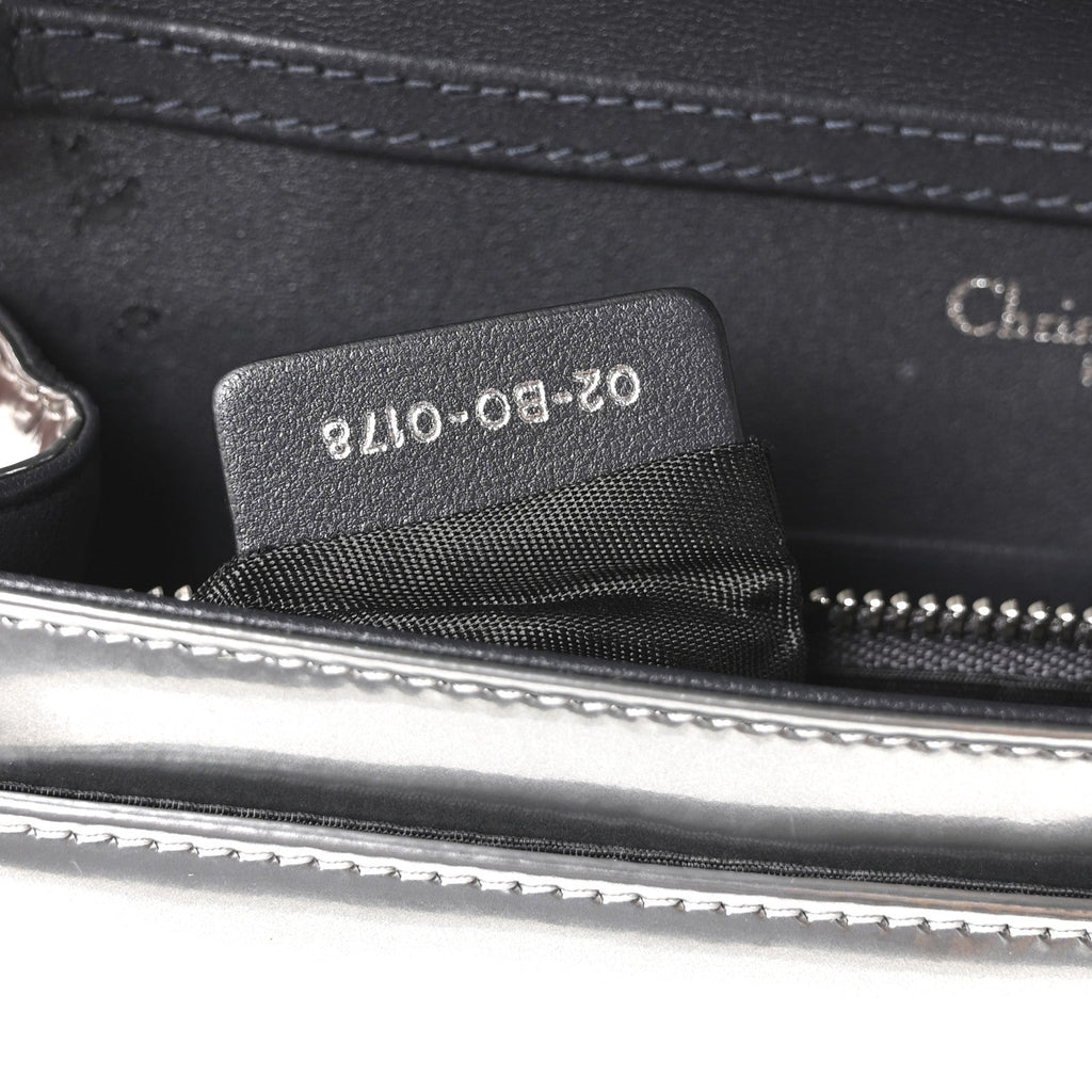 Christian Dior Metallic Patent Micro-Cannage Diorama Wallet on Chain Pouch Silver