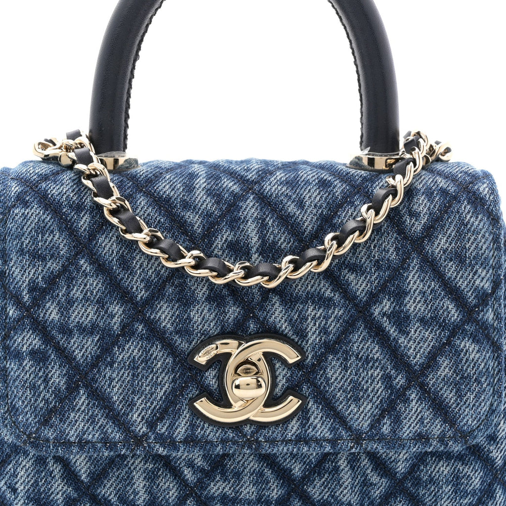 Chanel Washed Denim Quilted Coco Handle Clutch With Chain Blue