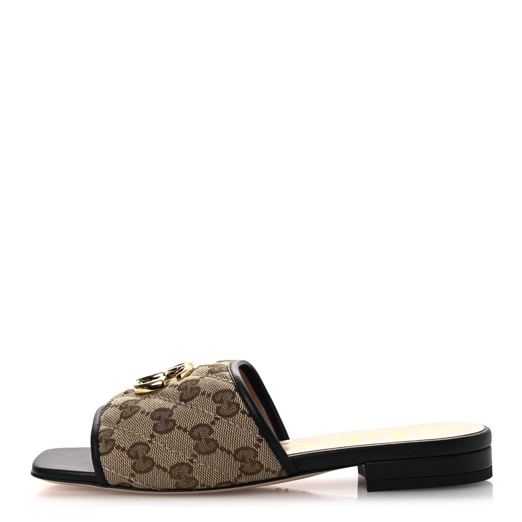Gucci Monogram Matelasse Diagonal GG Marmont Flat Slide Sandals 35 Beige Ebony Black