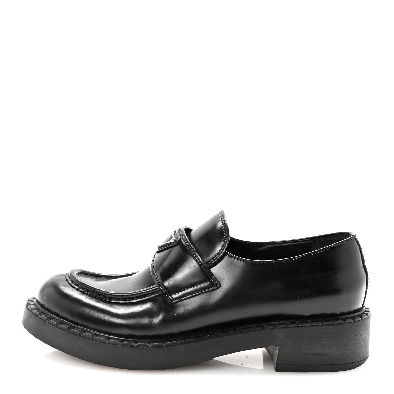 Prada Spazzolato Metal Triangle Logo 50mm Loafers 40 Black