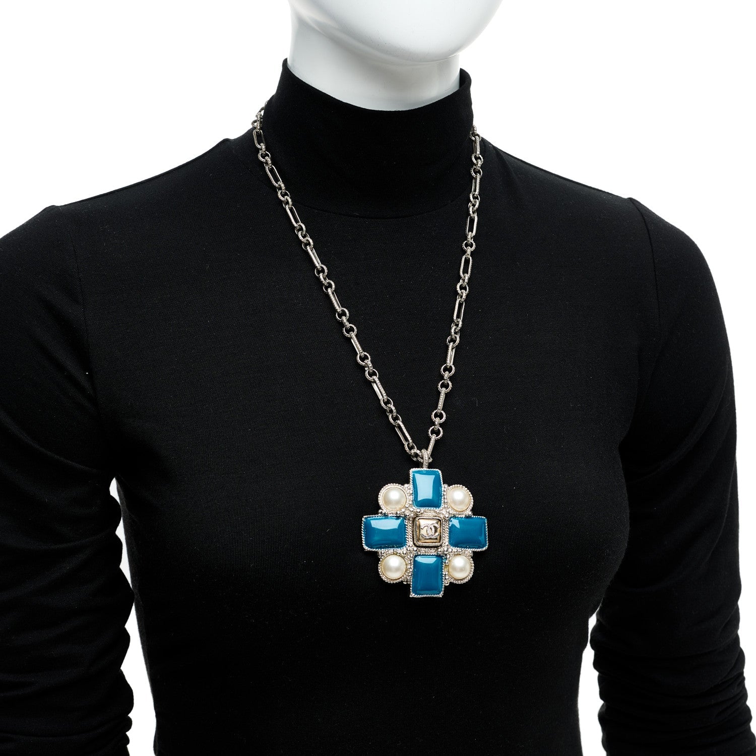 Gripoix Poured Glass Pearl CC Pendant Necklace Turquoise Silver