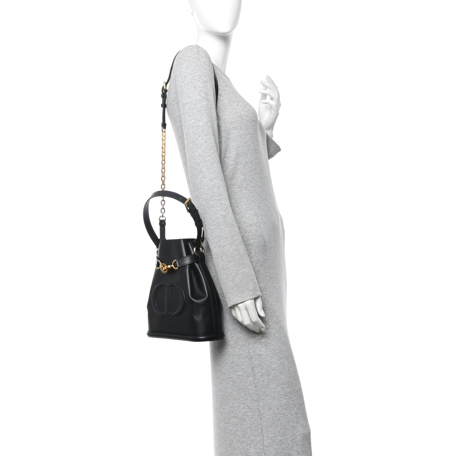 Christian Dior Calfskin CD Embossed Medium C'est Chain Bucket Bag Black