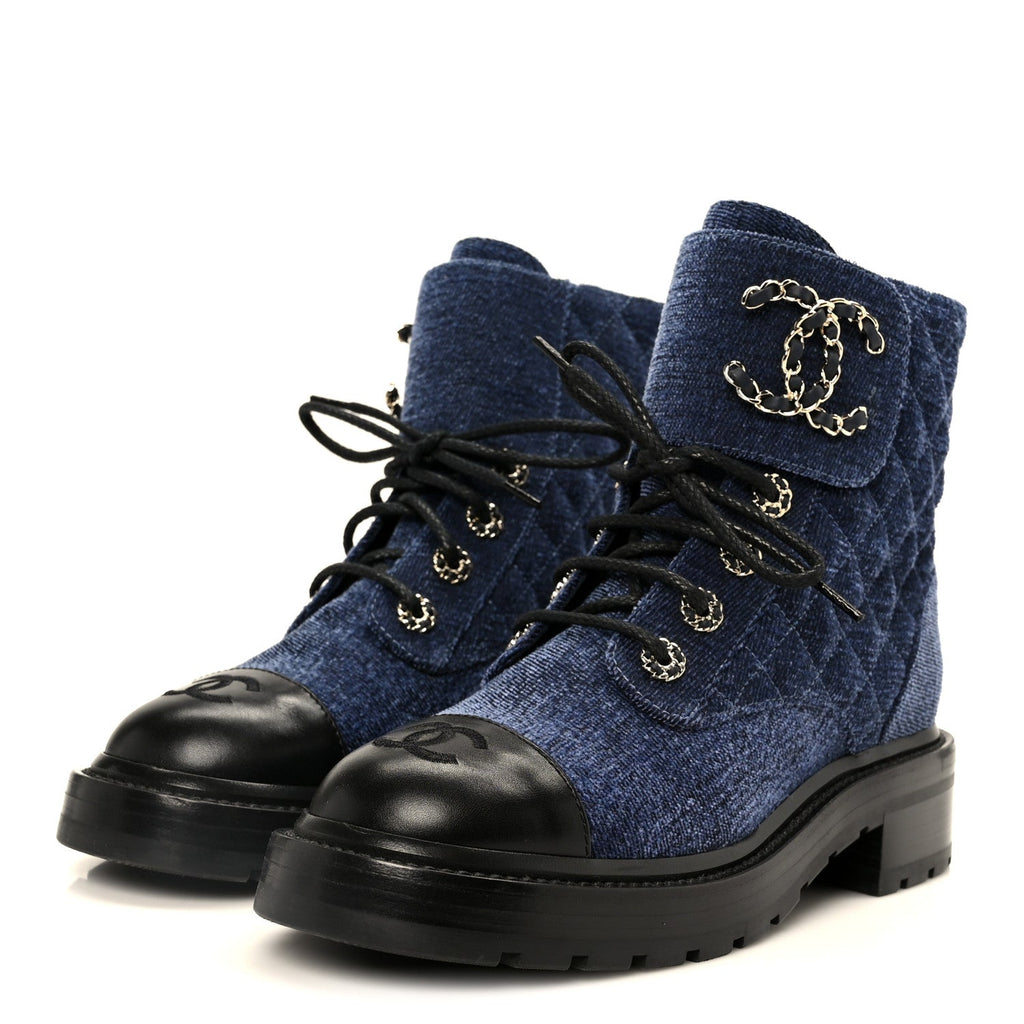 Chanel Shiny Calfskin Velvet Quilted Lace Up Combat Boots 37 Blue