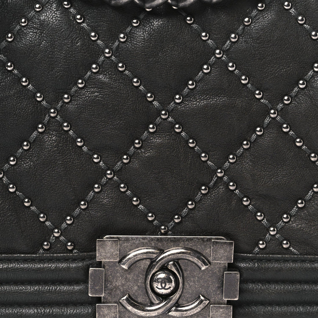 Chanel Crumpled Lambskin Medium Studded Boy Flap Black