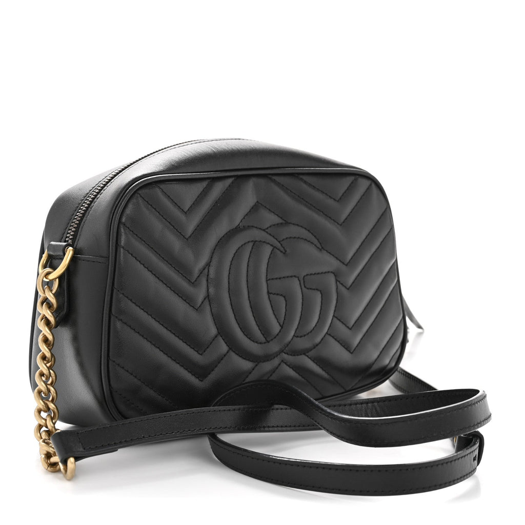 Gucci Calfskin Matelasse Small GG Marmont Chain Shoulder Bag Black