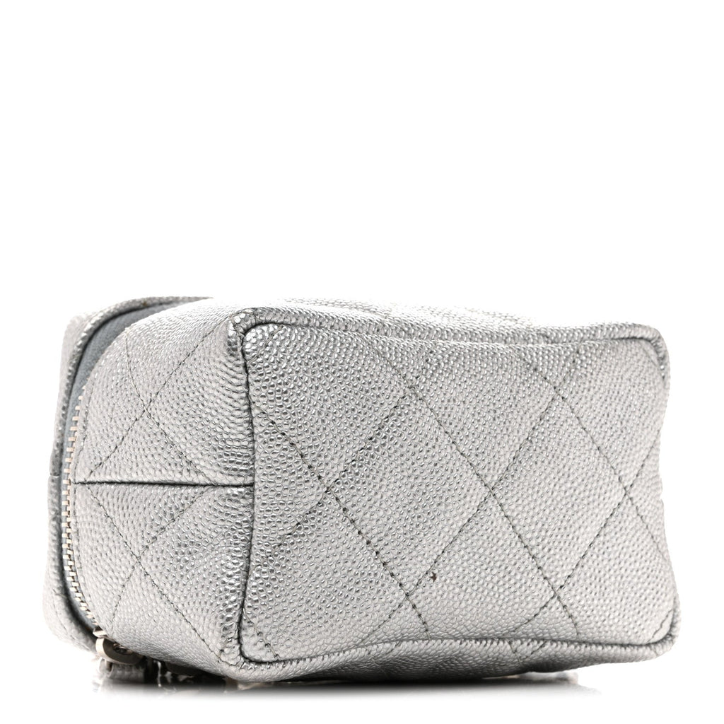 Chanel Metallic Caviar Quilted Mini Top Handle Vanity With Chain Silver