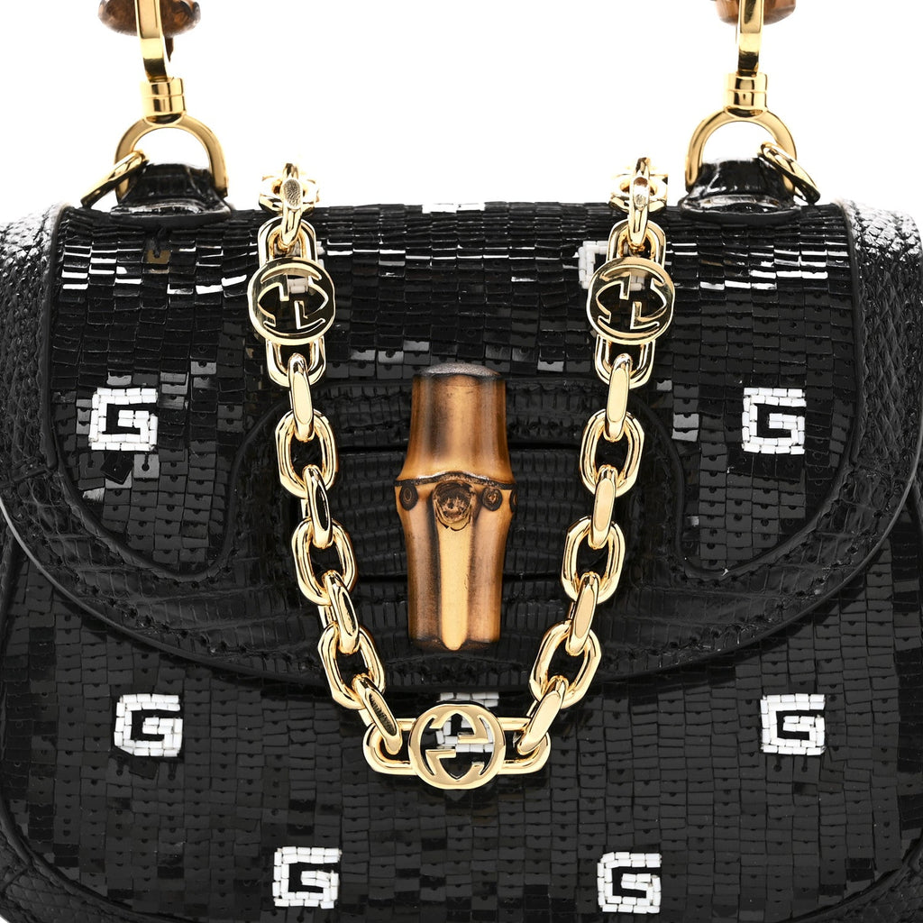 Gucci Sequin Lizard Embossed GG Mini Bamboo 1947 Top Handle Chain Bag Black White