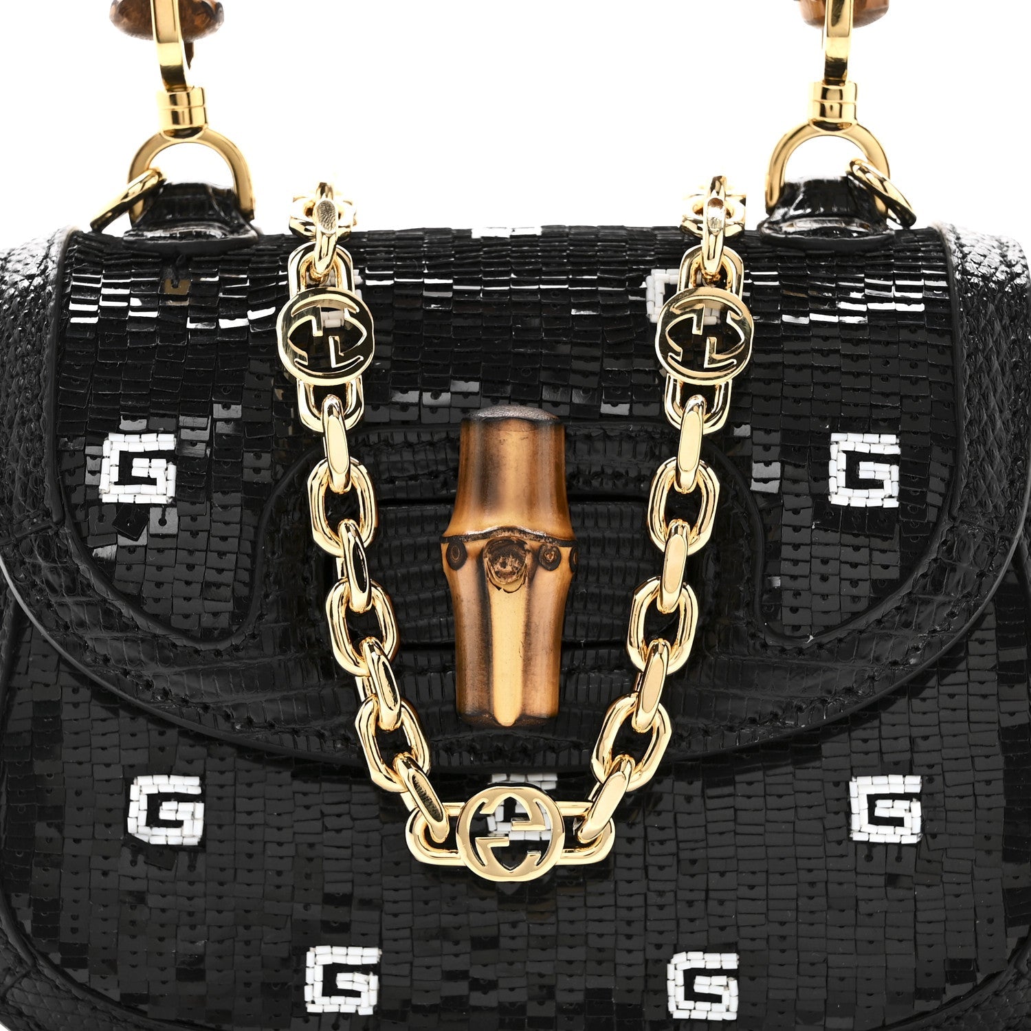 Gucci Sequin Lizard Embossed GG Mini Bamboo 1947 Top Handle Chain Bag Black White