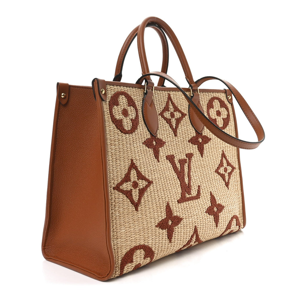 Louis Vuitton Raffia Calfskin Monogram Giant Onthego MM Tan