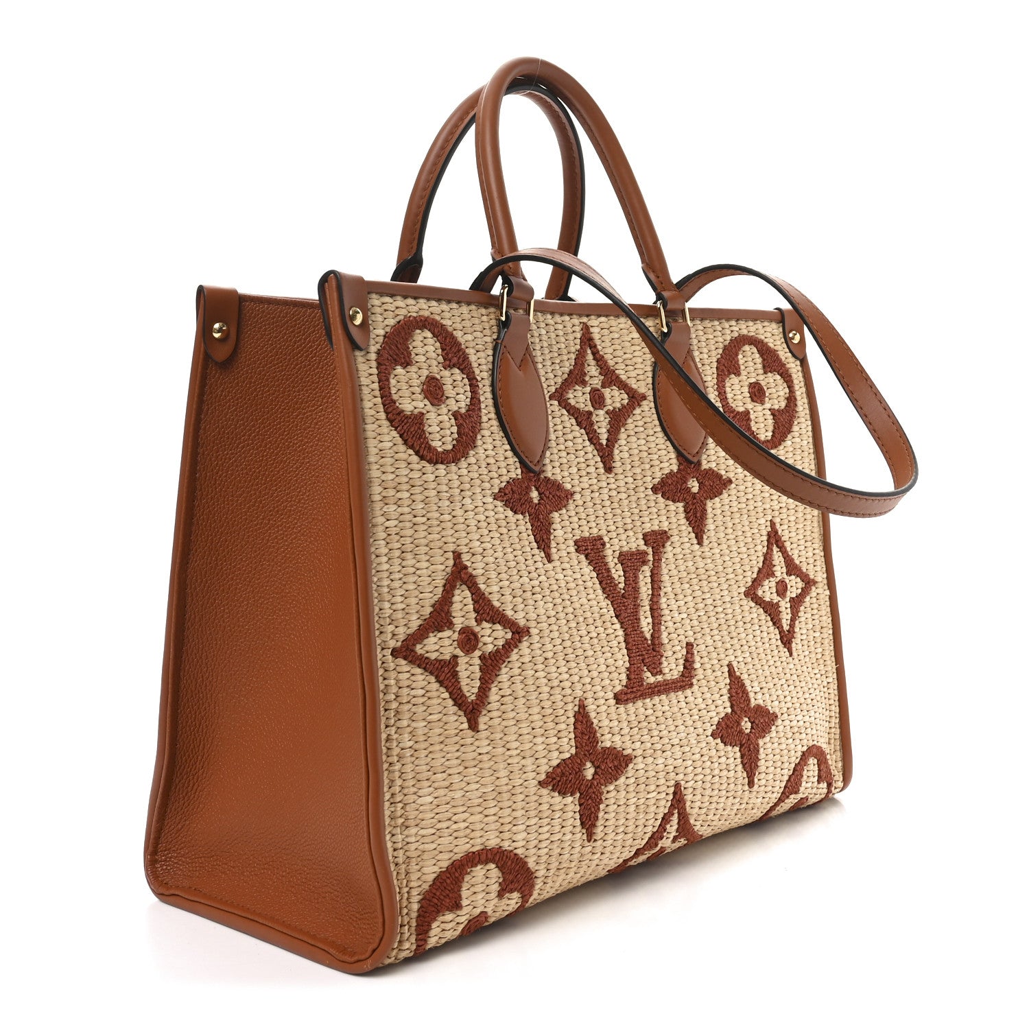 Louis Vuitton Raffia Calfskin Monogram Giant Onthego MM Tan