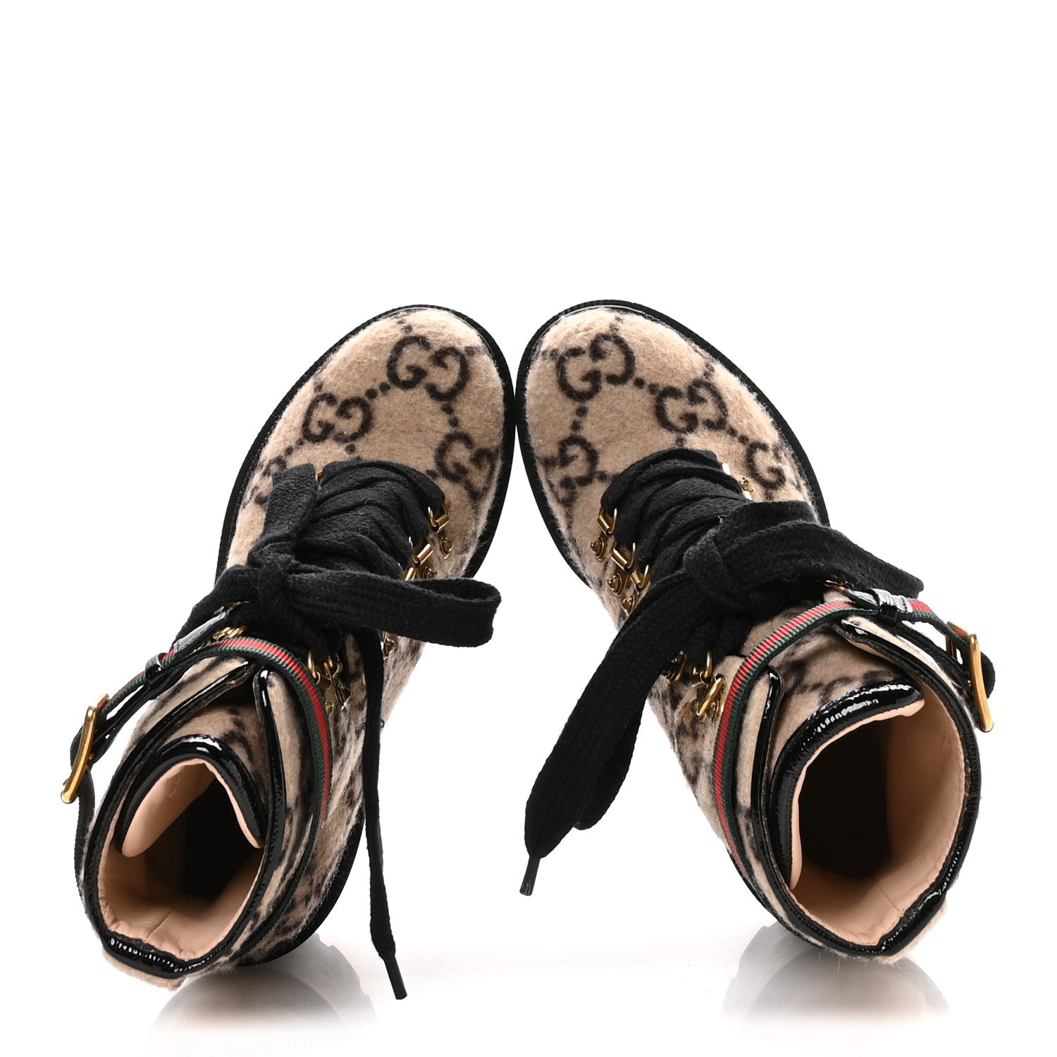 Gucci Covered Wool GG Monogram Womens Lace Up Combat Ankle Boots 35 Beige Ebony Black