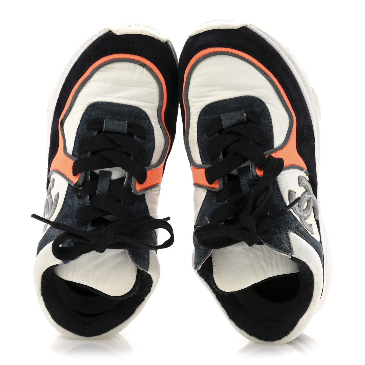 Nylon Calfskin Suede CC Womens Sneakers 35.5 Navy White Orange