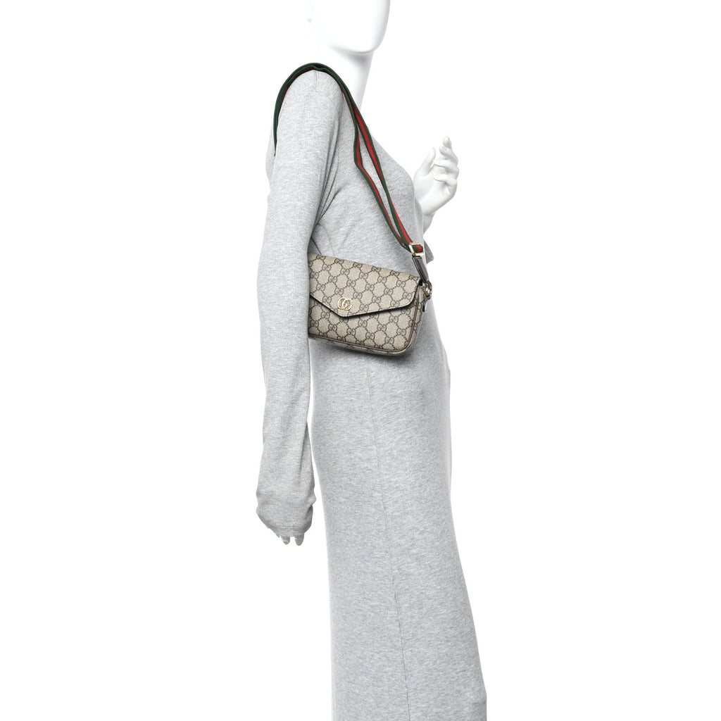 Gucci GG Supreme Monogram Textured Dollar Calfskin Web Mini Ophidia Envelope Shoulder Bag Beige Ebony New Acero