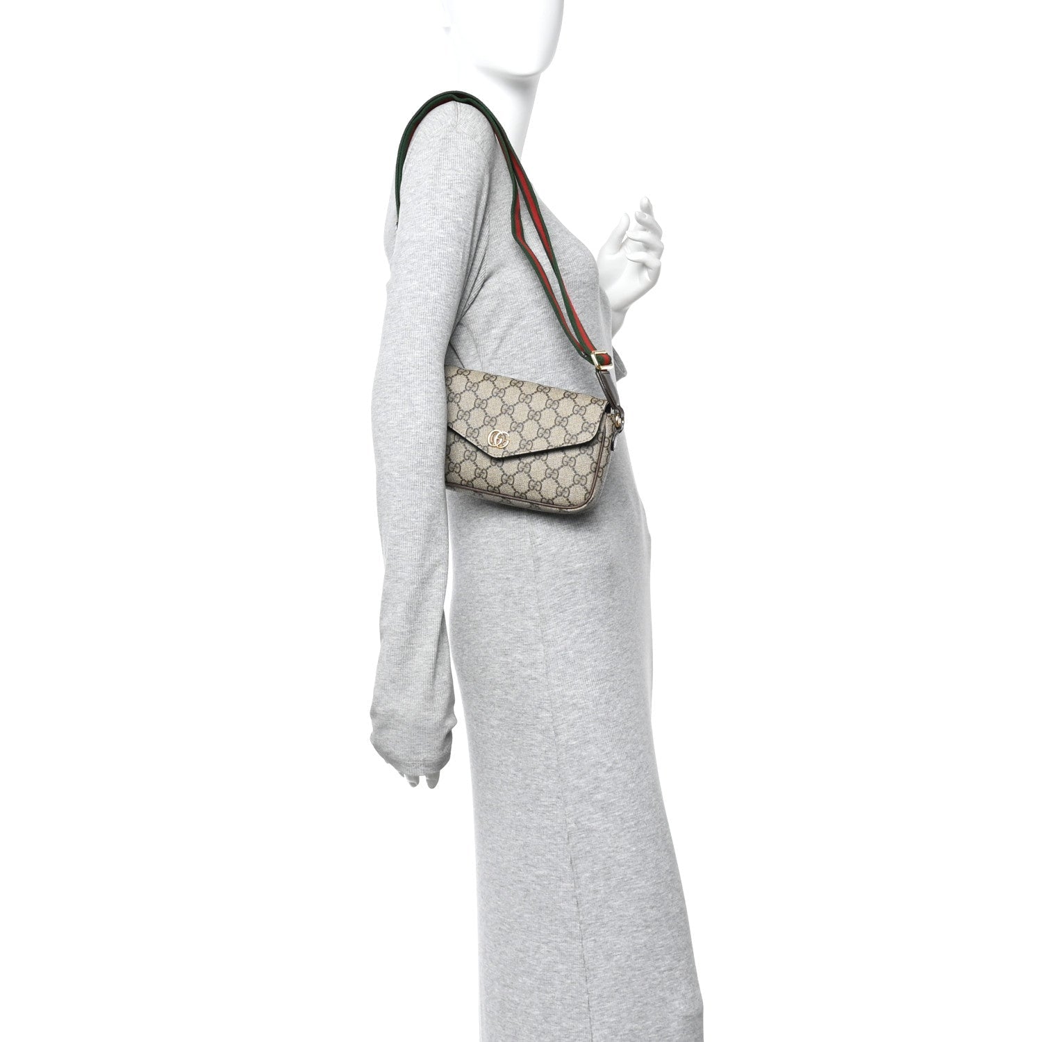 Gucci GG Supreme Monogram Textured Dollar Calfskin Web Mini Ophidia Envelope Shoulder Bag Beige Ebony New Acero