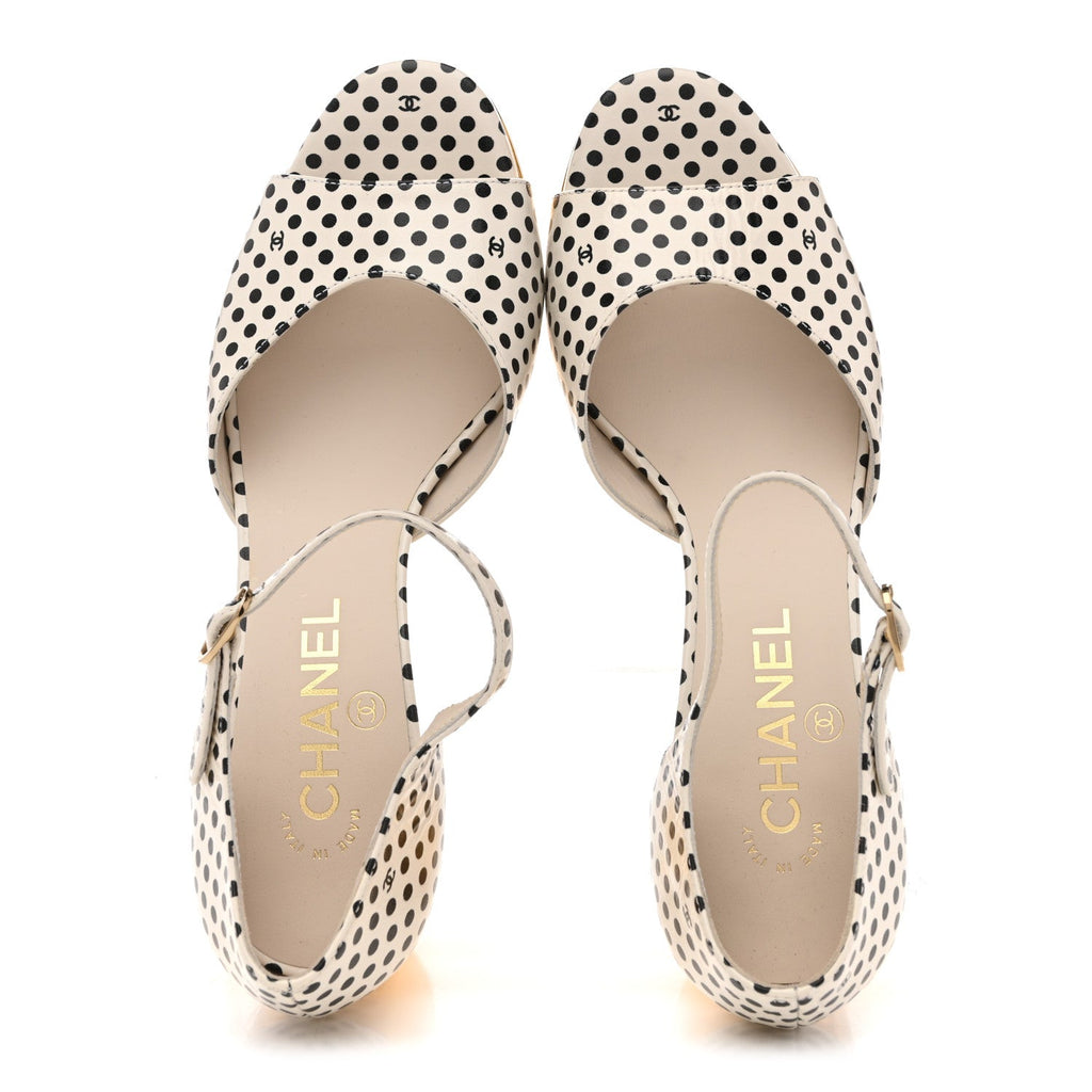 Printed Calfskin Polka Dot CC Platform Sandals 37 Ivory Black