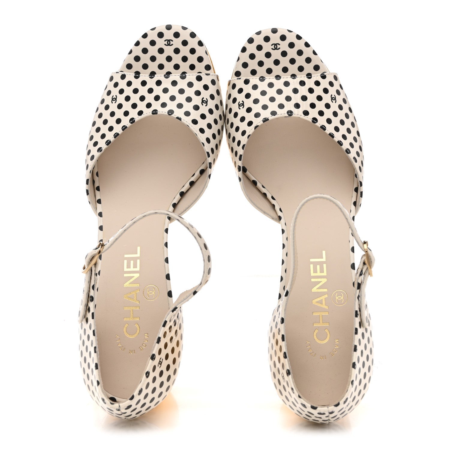 Printed Calfskin Polka Dot CC Platform Sandals 37 Ivory Black