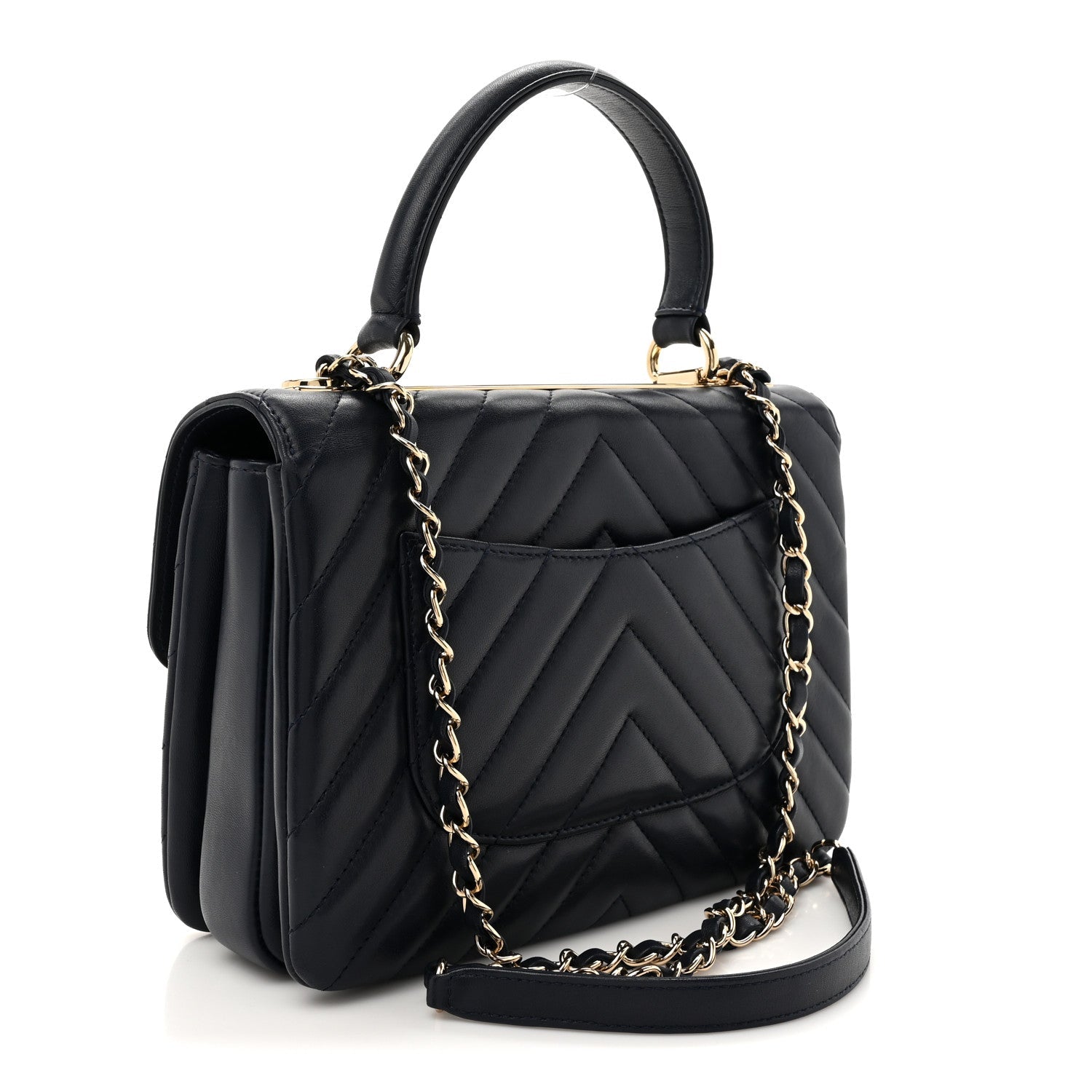 Chanel Lambskin Chevron Quilted Small Trendy CC Flap Dual Handle Bag Navy