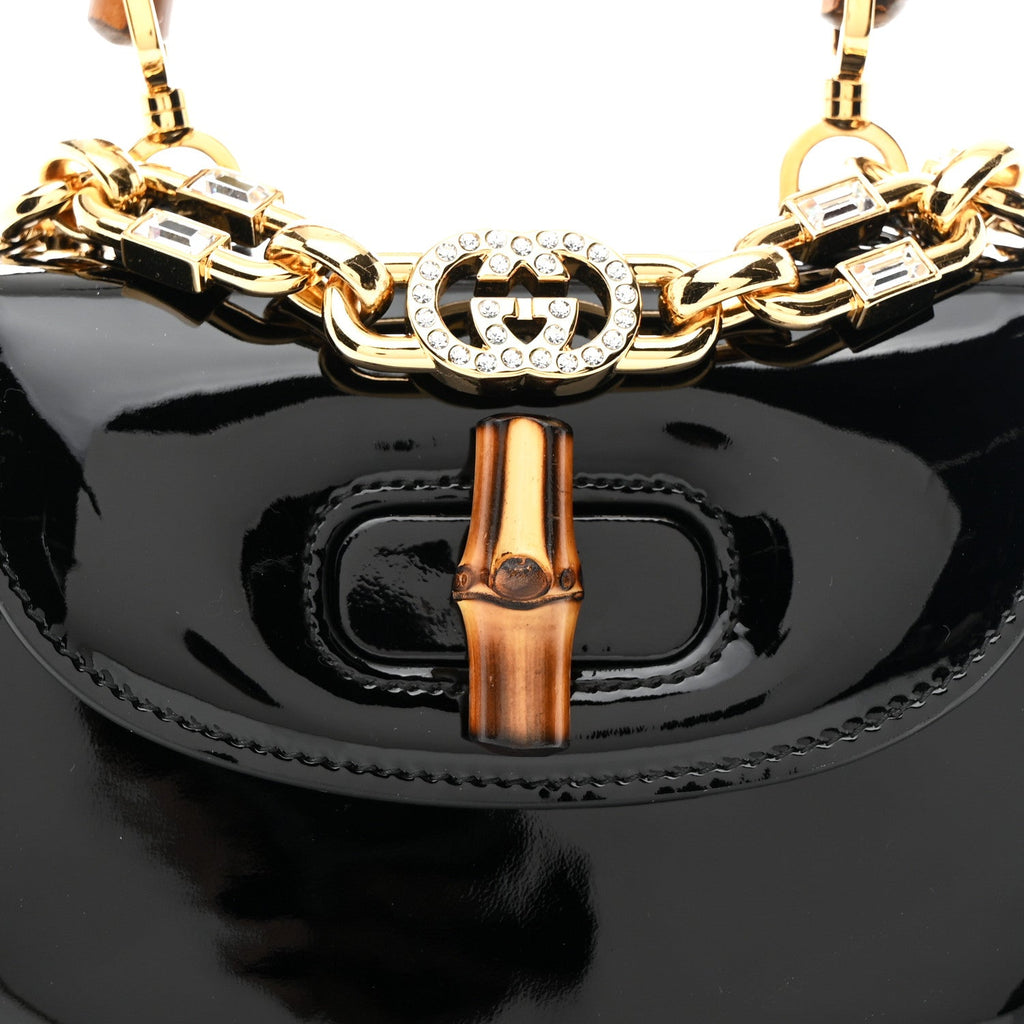 Gucci Patent Crystal Mini Bamboo 1947 Top Handle Chain Bag Black