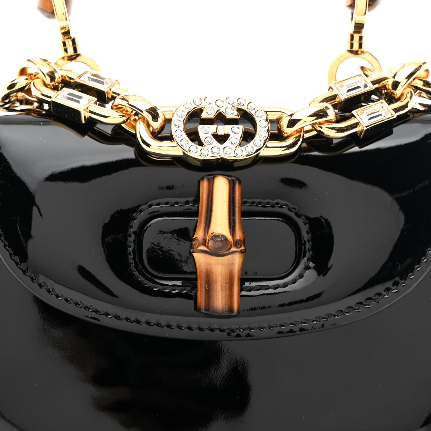 Gucci Patent Crystal Mini Bamboo 1947 Top Handle Chain Bag Black