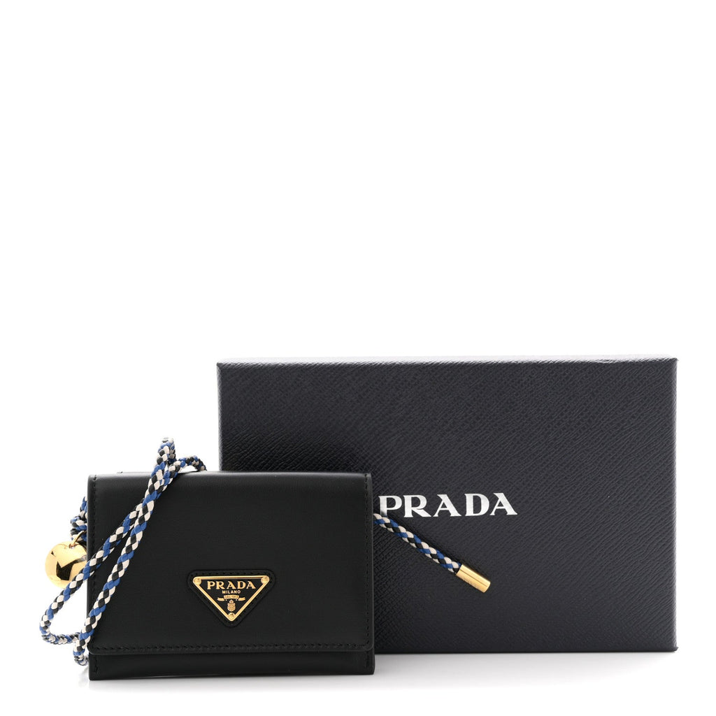Prada Vitello Card Holder With Braided Strap Black