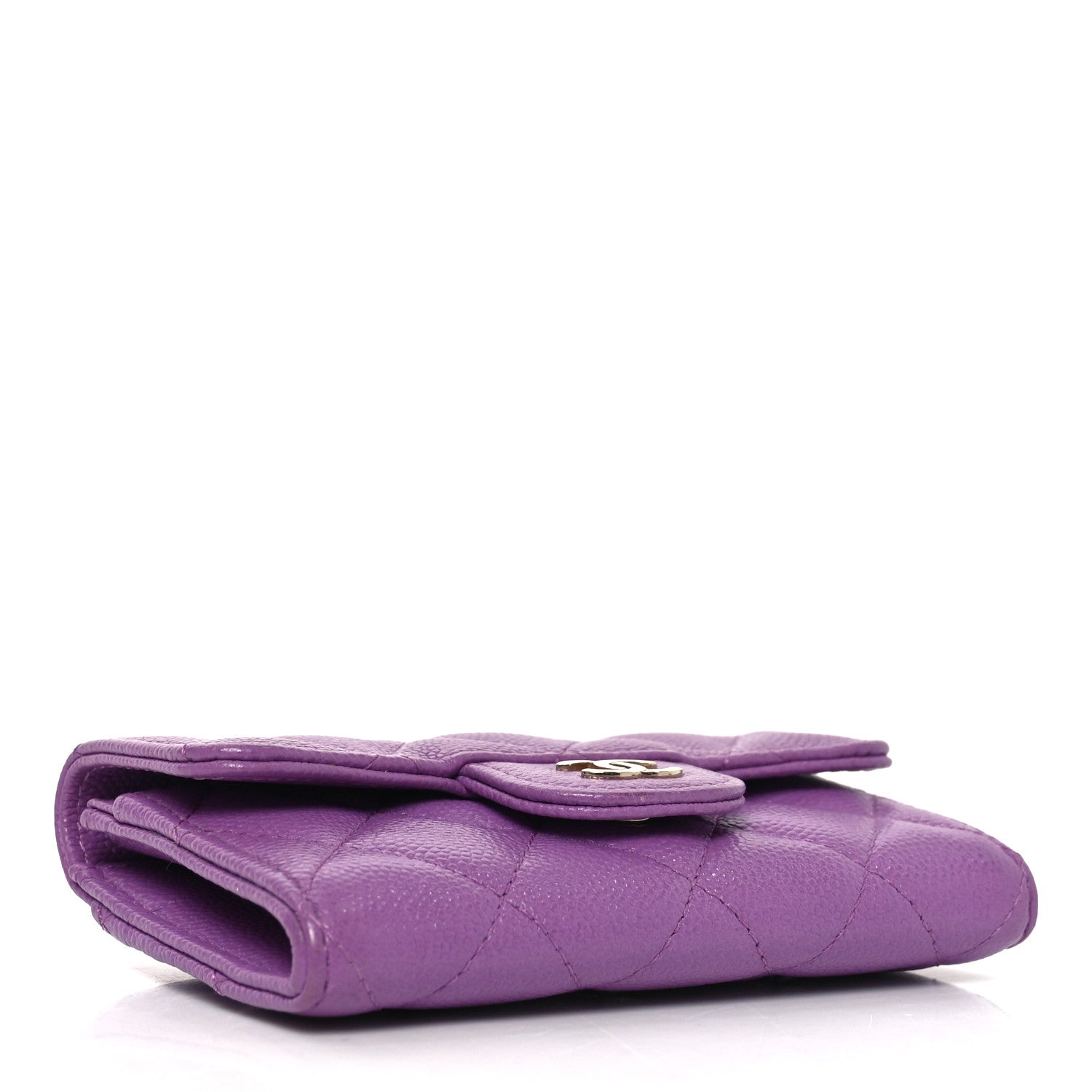 Caviar Quilted Flap Card Holder Wallet Purple