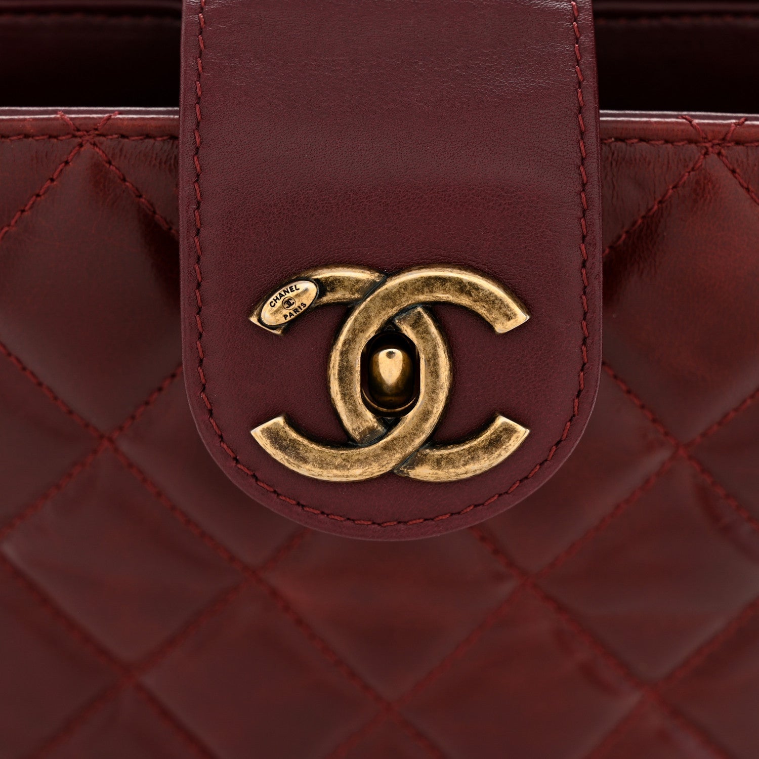 Chanel Glazed Calfskin Quilted Small Gold Bar Tote Red