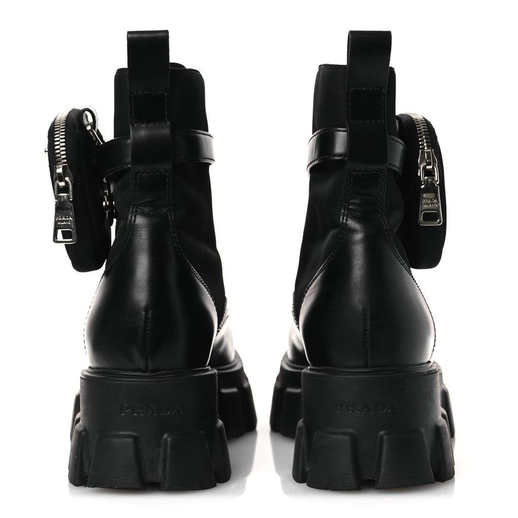 Prada Spazzolato Rois Nylon Metal Triangle Logo Monolith Pouch Pocket 55mm Boots 40.5 Black