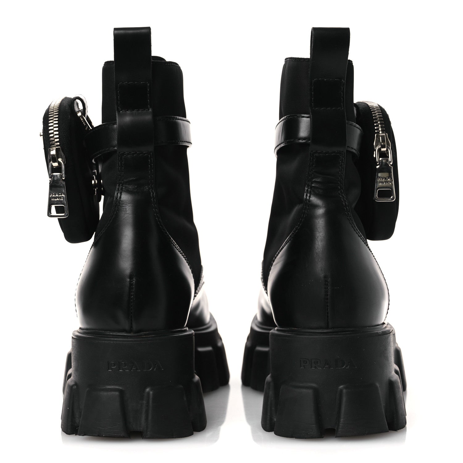 Prada Spazzolato Rois Nylon Metal Triangle Logo Monolith Pouch Pocket 55mm Boots 40.5 Black