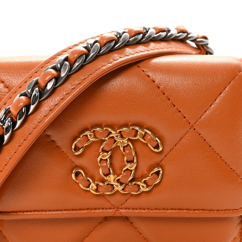 Chanel Lambskin Quilted Chanel 19 Flap Coin Purse With Chain Light Brown