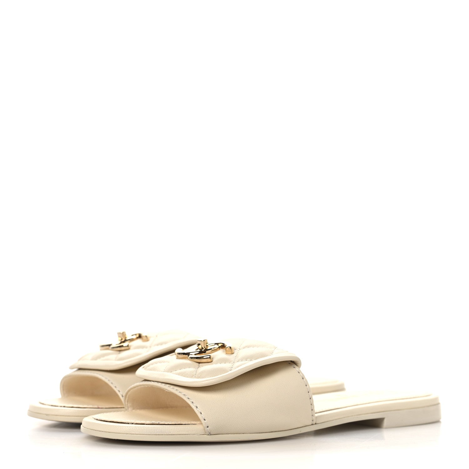 Lambskin Quilted Turnlock Flat Mules 35.5 Ivory